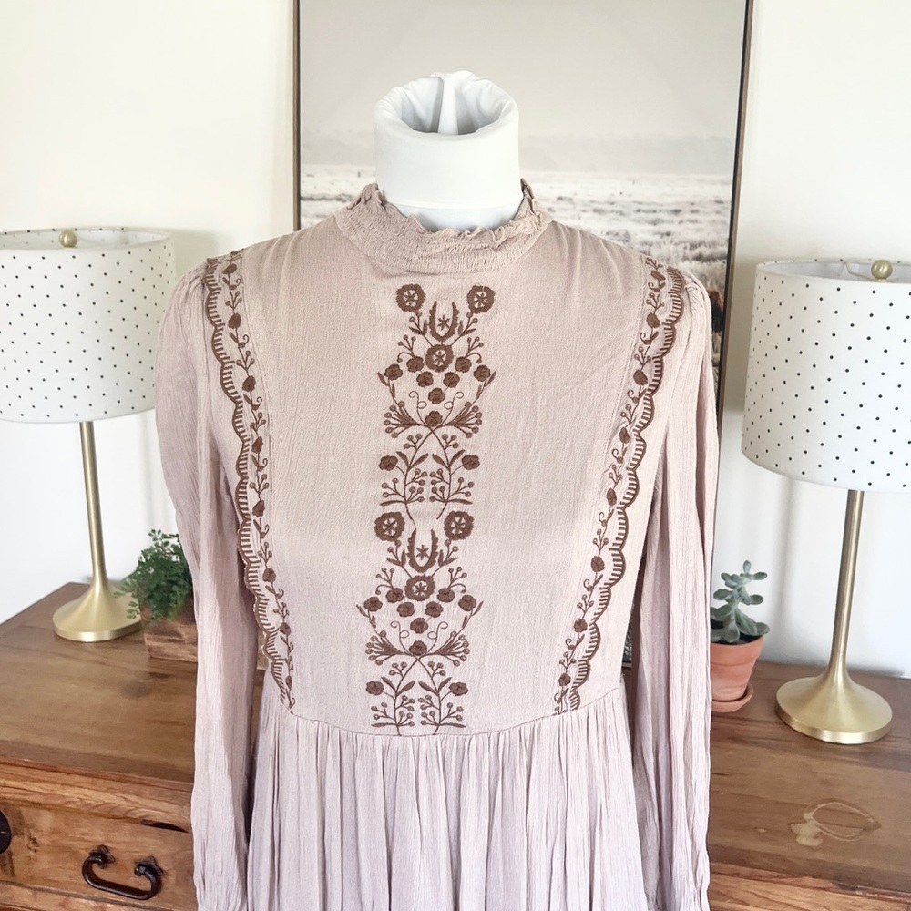 Roolee In Loom Tan Embroidered Boho Peasant Midi Dress M L - Picture 3 of 14